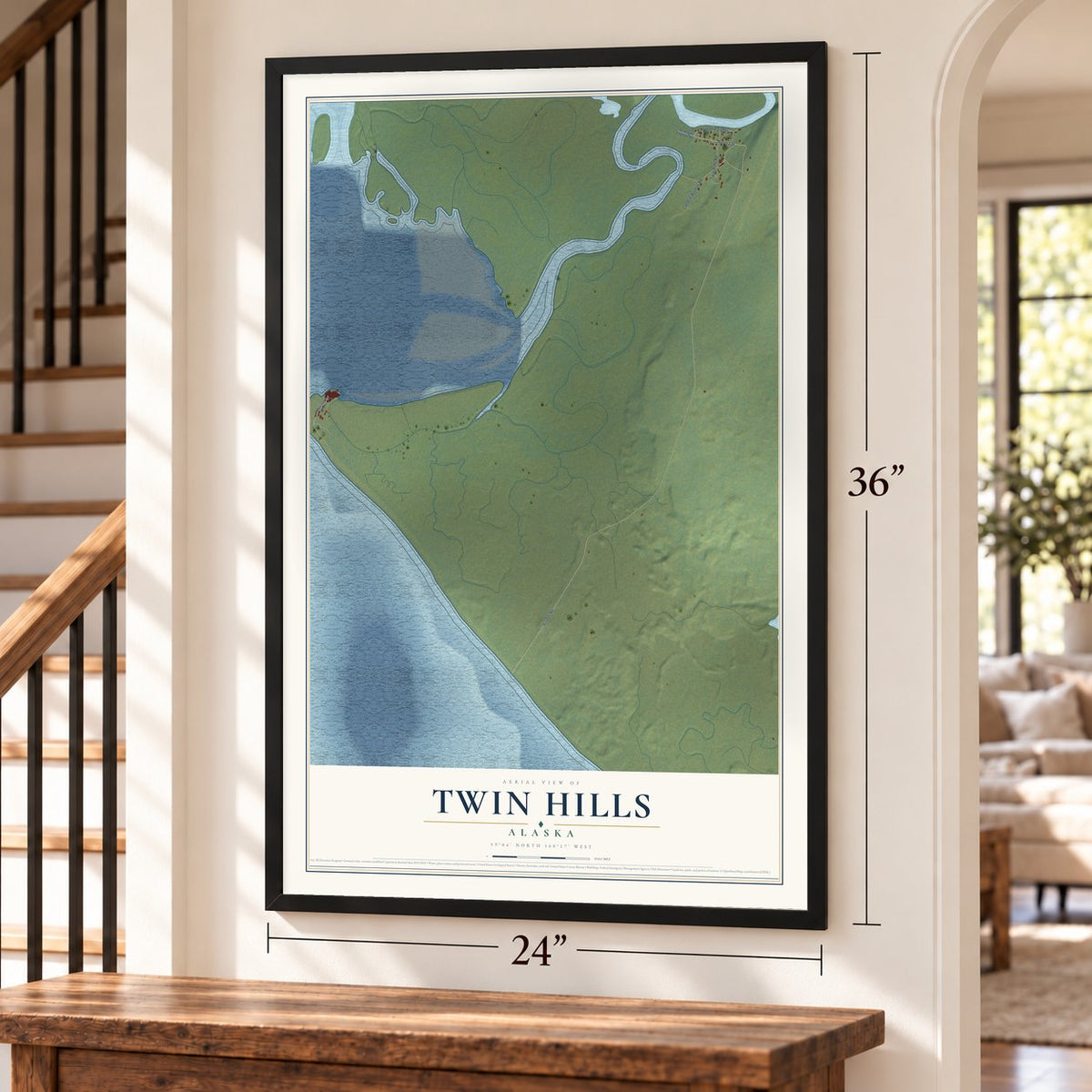 Twin Hills, Alaska map, 24 x 36 inch print in a black frame by a staircase