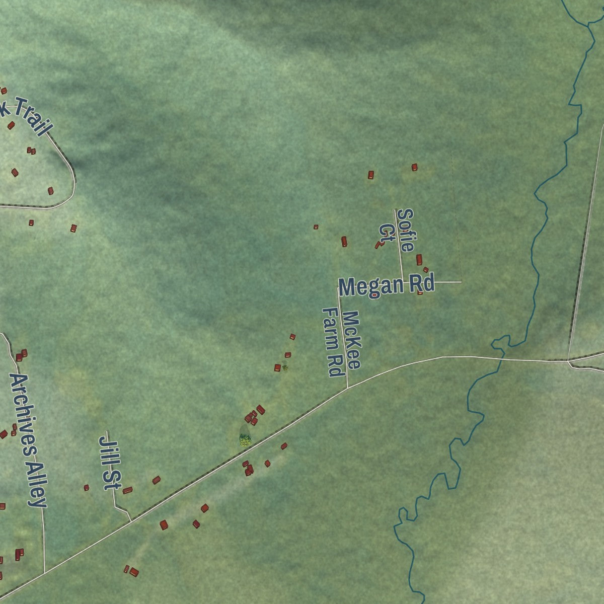 Close-up of the map of Two Rivers, Alaska print showing street and building detail