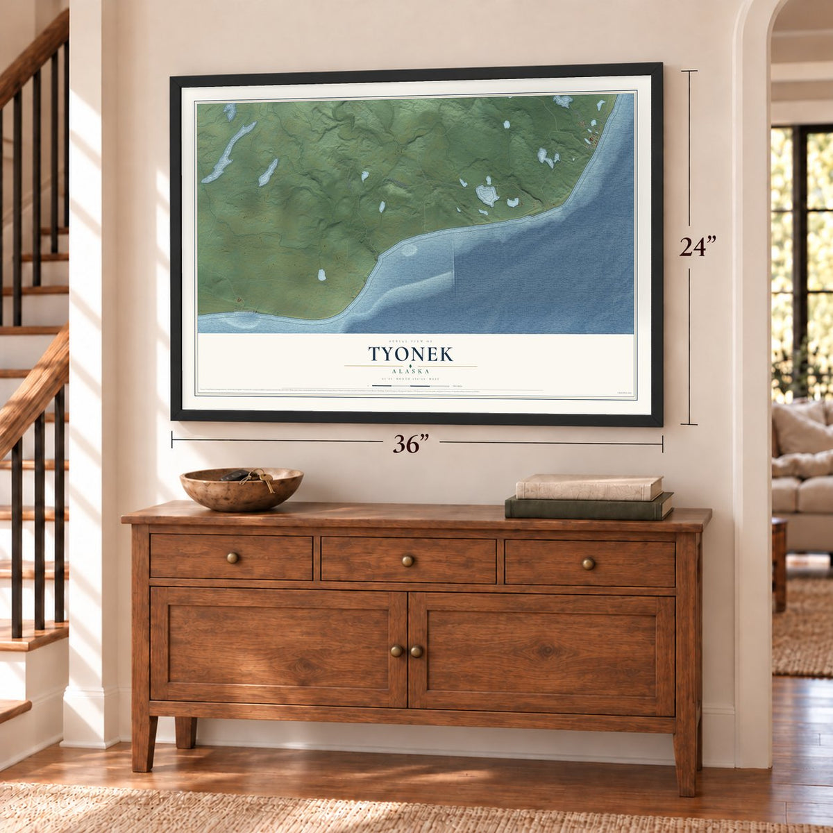 Tyonek, Alaska map, 24 x 36 inch print in a black frame above a dresser by a staircase