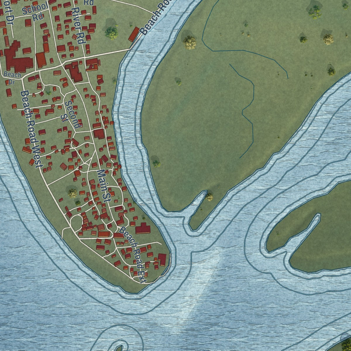 Close-up of the map of Unalakleet, Alaska print showing street and building detail