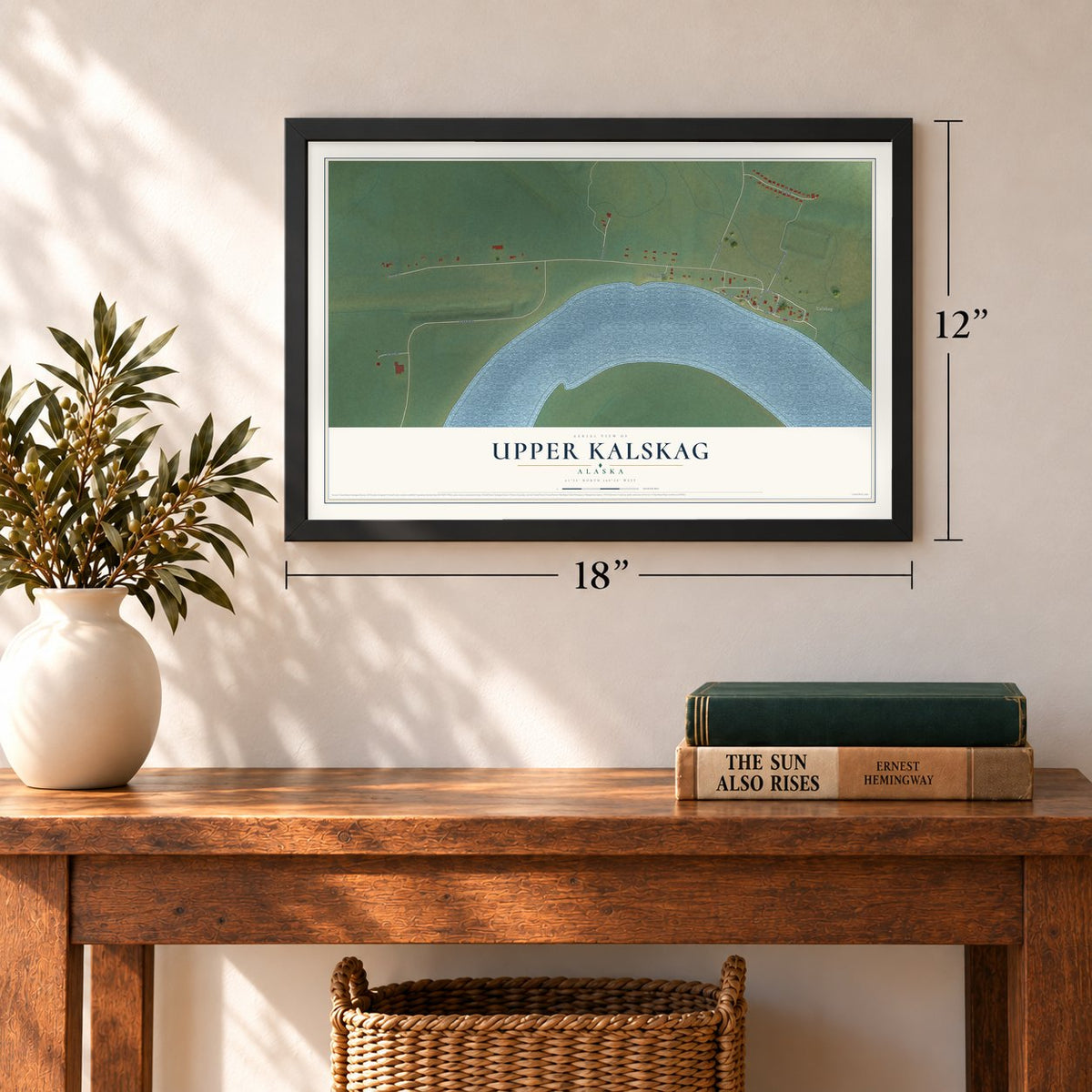 Upper Kalskag, Alaska map, 12 x 18 inch print in a black frame in an entryway