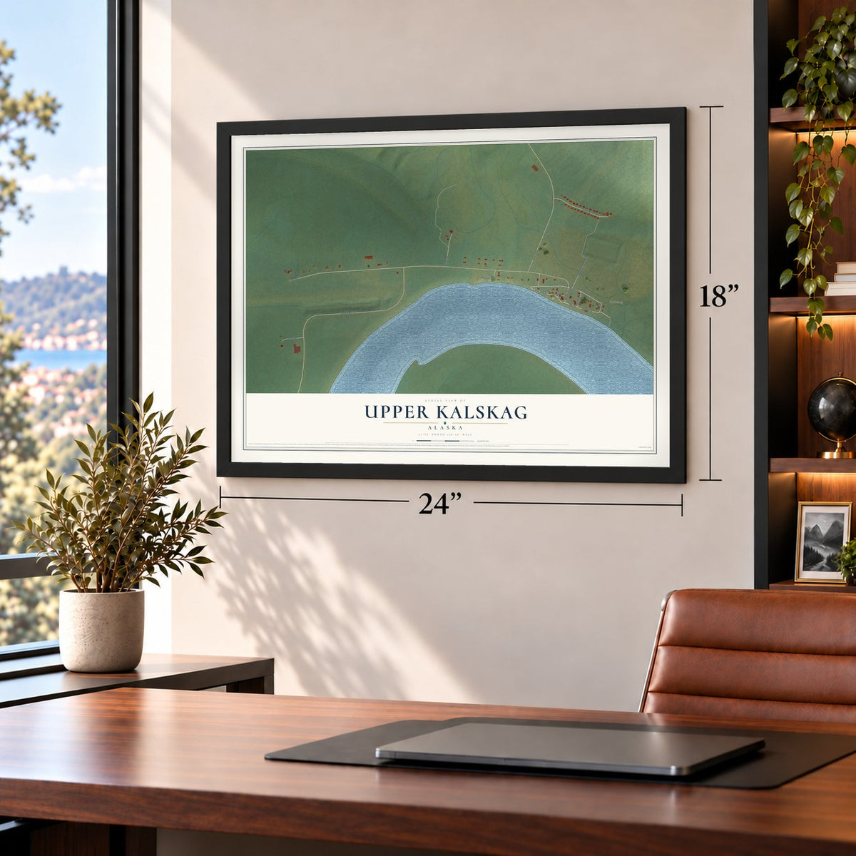 Upper Kalskag, Alaska map, 18 x 24 inch print in a black frame in a home office