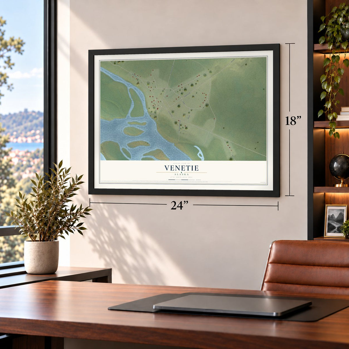 Venetie, Alaska map, 18 x 24 inch print in a black frame in a home office