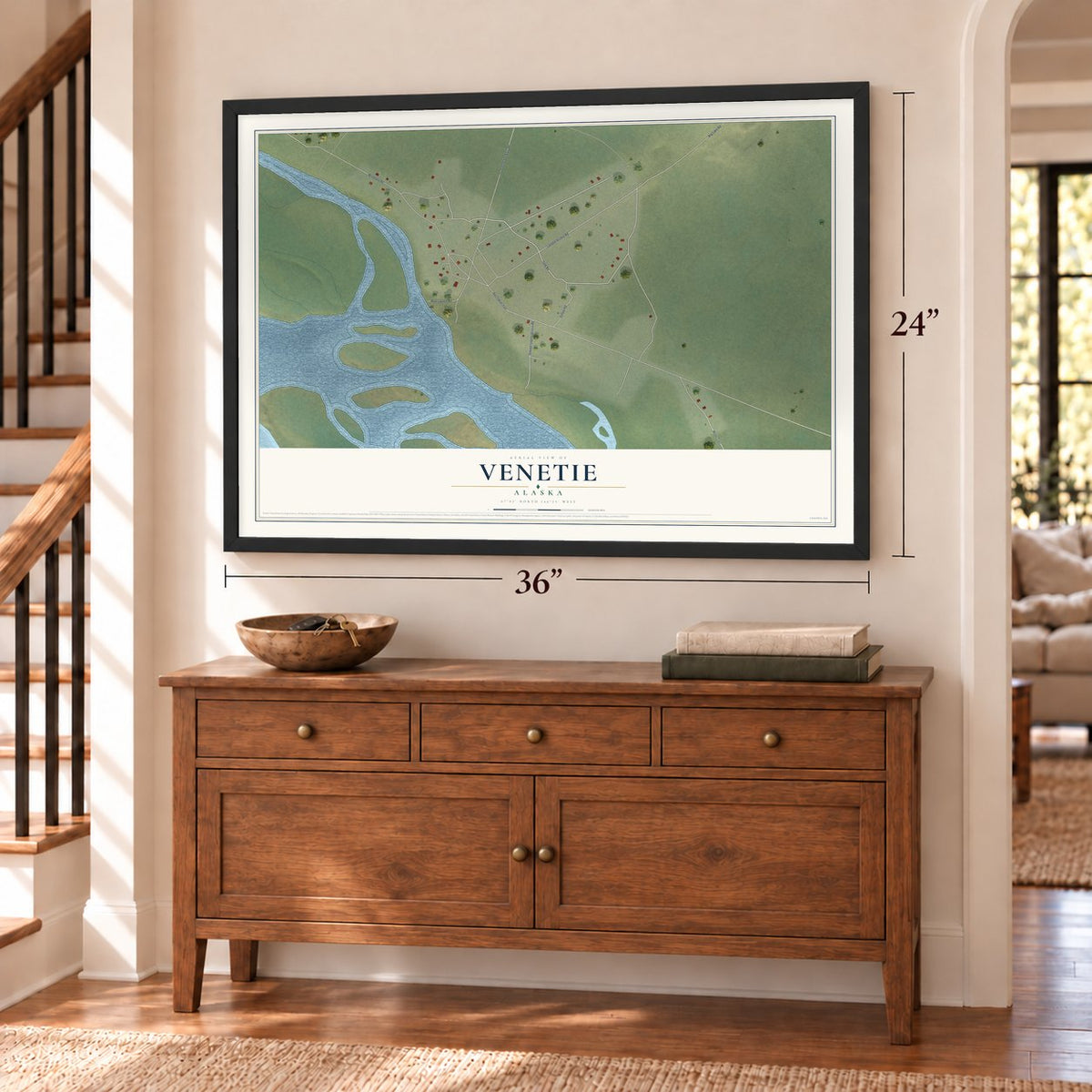 Venetie, Alaska map, 24 x 36 inch print in a black frame above a dresser by a staircase
