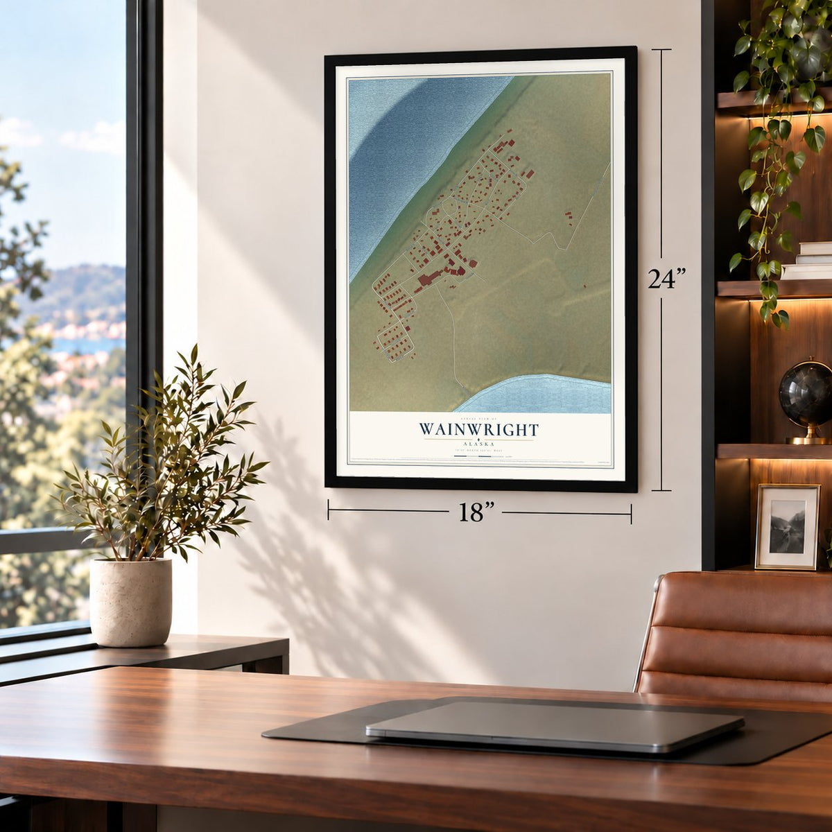 Wainwright, Alaska map, 18 x 24 inch print in a black frame in a home office