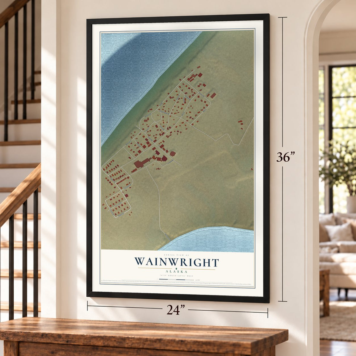 Wainwright, Alaska map, 24 x 36 inch print in a black frame by a staircase