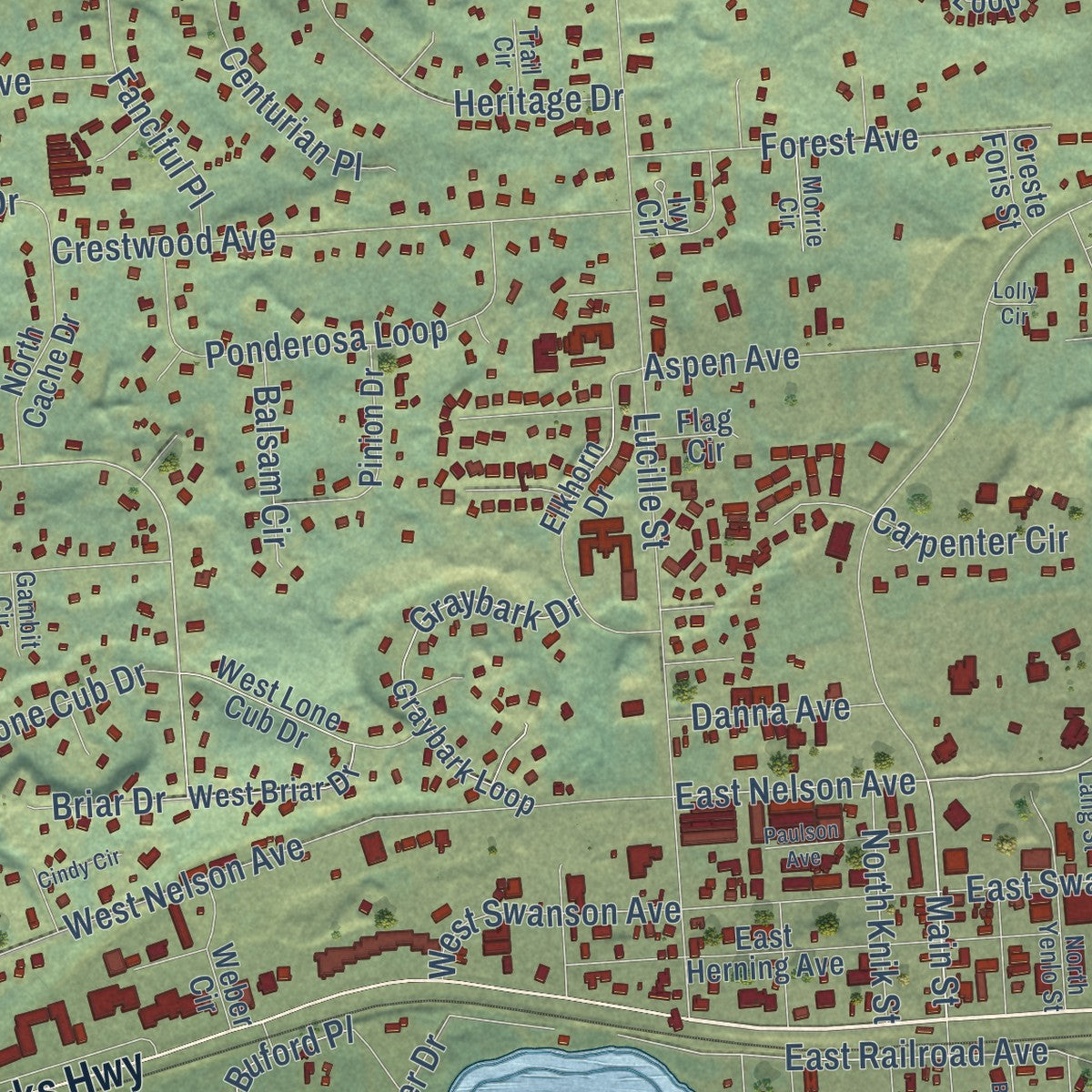 Close-up of the map of Wasilla, Alaska print showing street and building detail