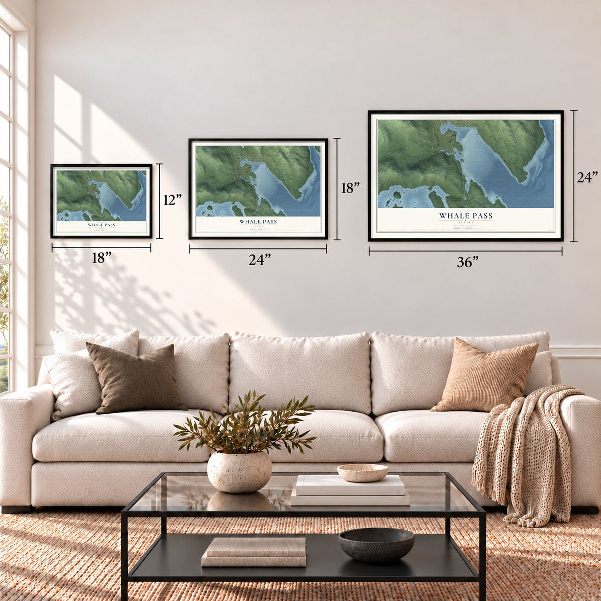 Whale Pass, Alaska map in 12 x 18, 18 x 24 and 24 x 36 inch sizes above a sofa