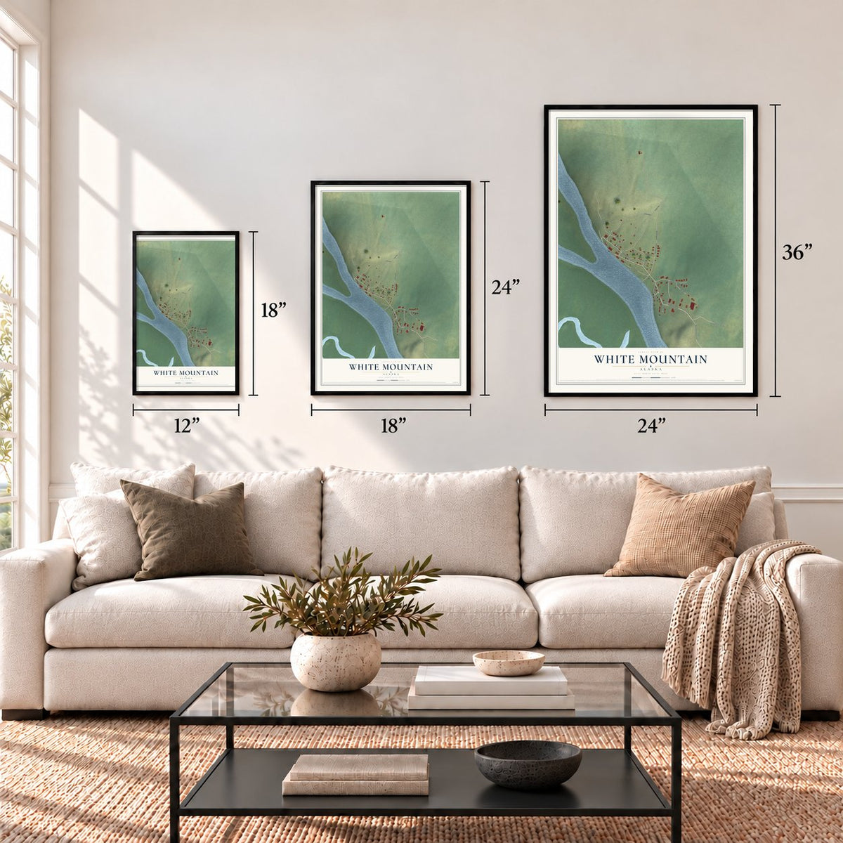 White Mountain, Alaska map in 12 x 18, 18 x 24 and 24 x 36 inch sizes above a sofa