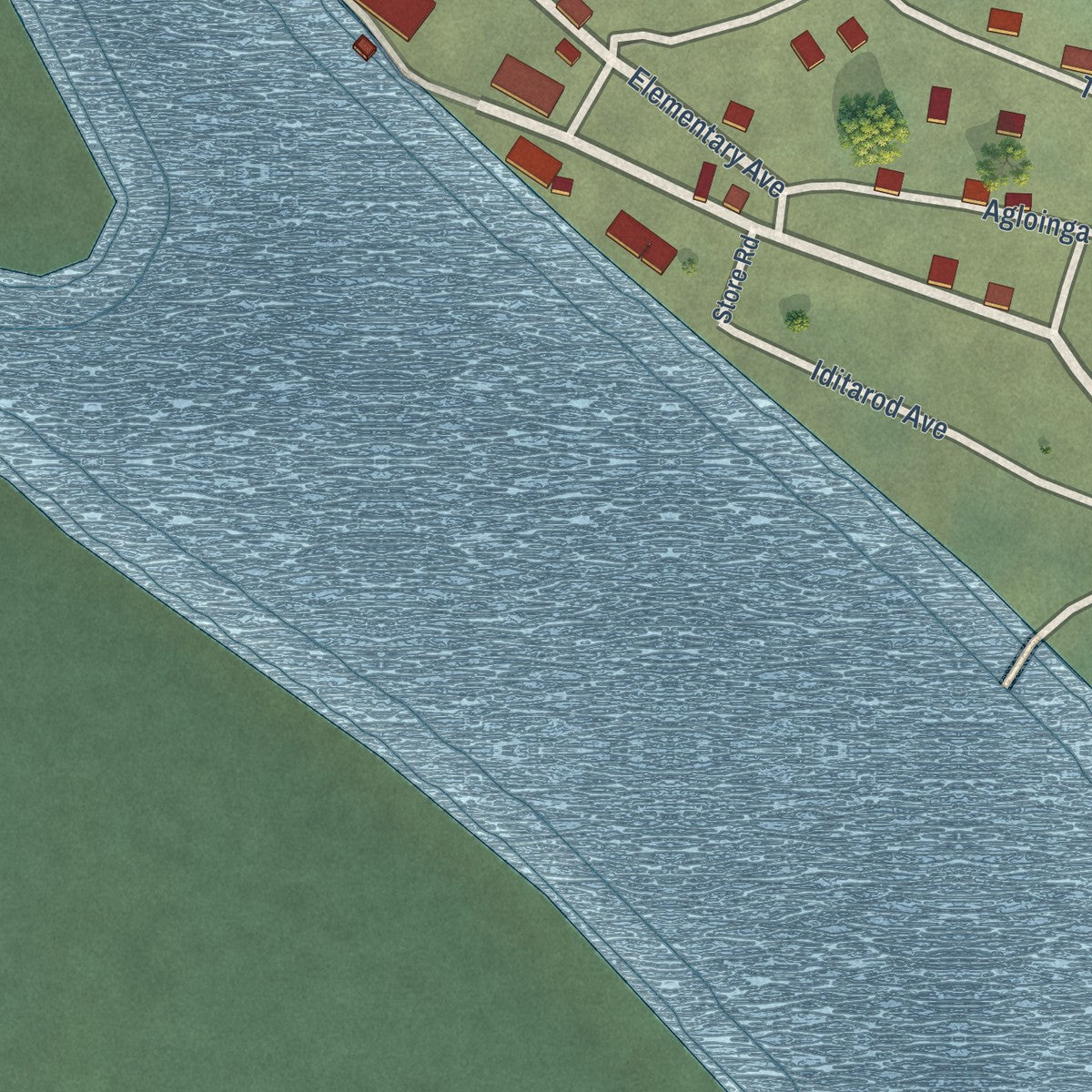 Close-up of the map of White Mountain, Alaska print showing street and building detail