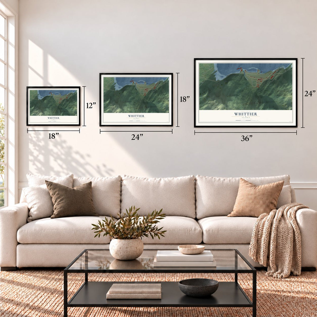 Whittier, Alaska map in 12 x 18, 18 x 24 and 24 x 36 inch sizes above a sofa