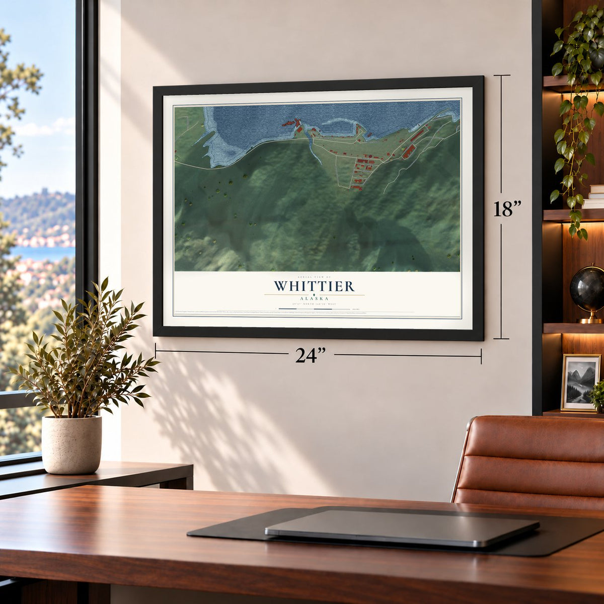 Whittier, Alaska map, 18 x 24 inch print in a black frame in a home office