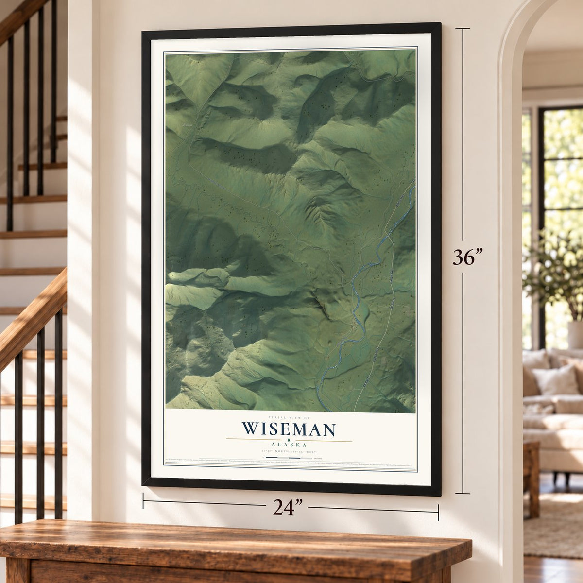 Wiseman, Alaska map, 24 x 36 inch print in a black frame by a staircase