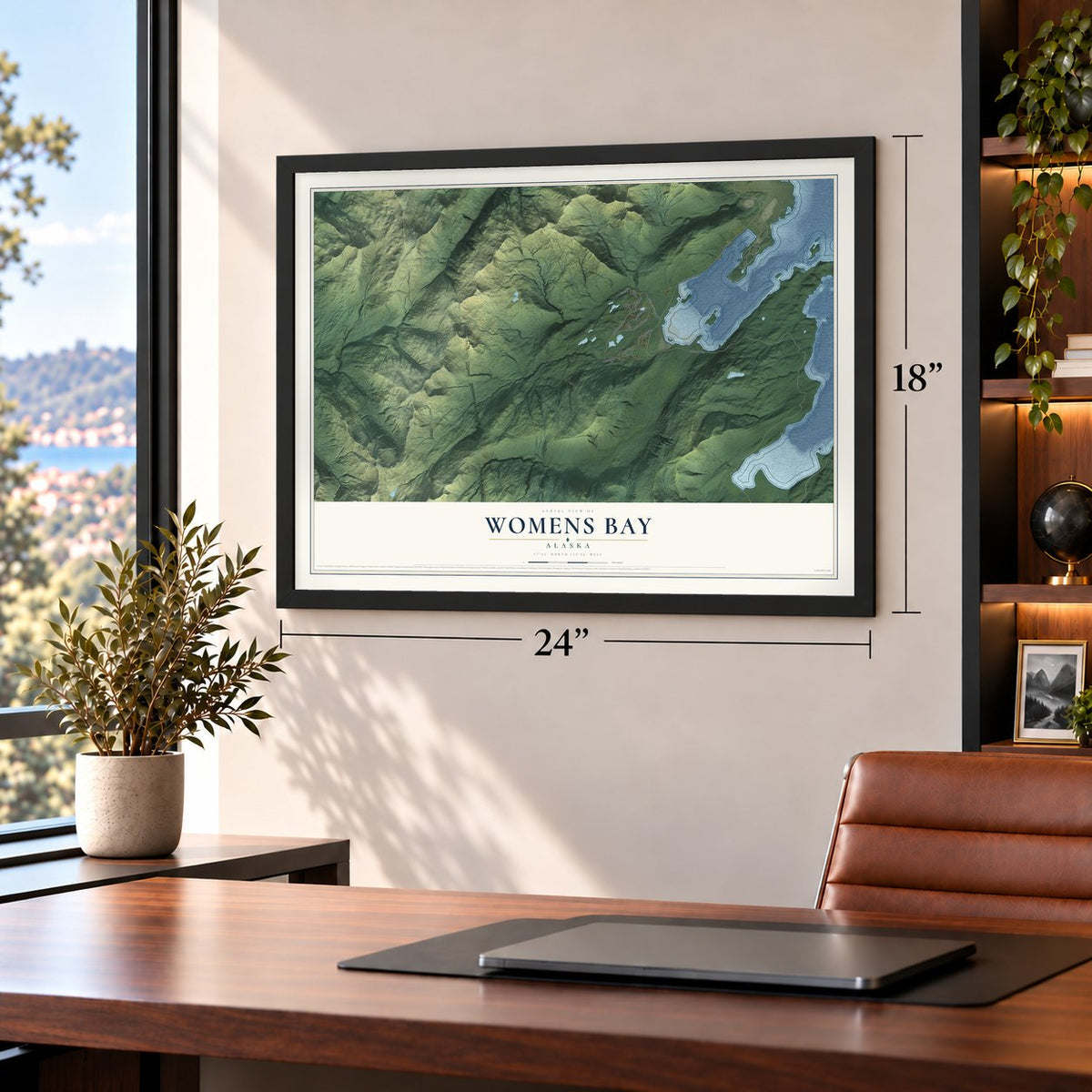 Womens Bay, Alaska map, 18 x 24 inch print in a black frame in a home office