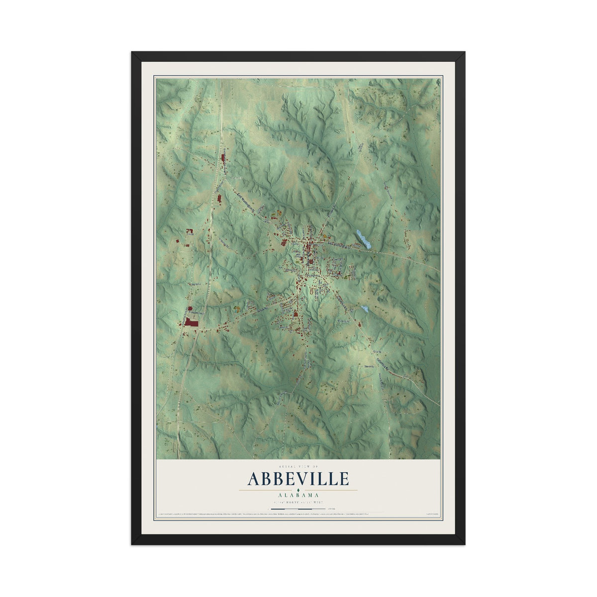 Map of Abbeville, Alabama, 12 x 18 inch print in a black wood frame