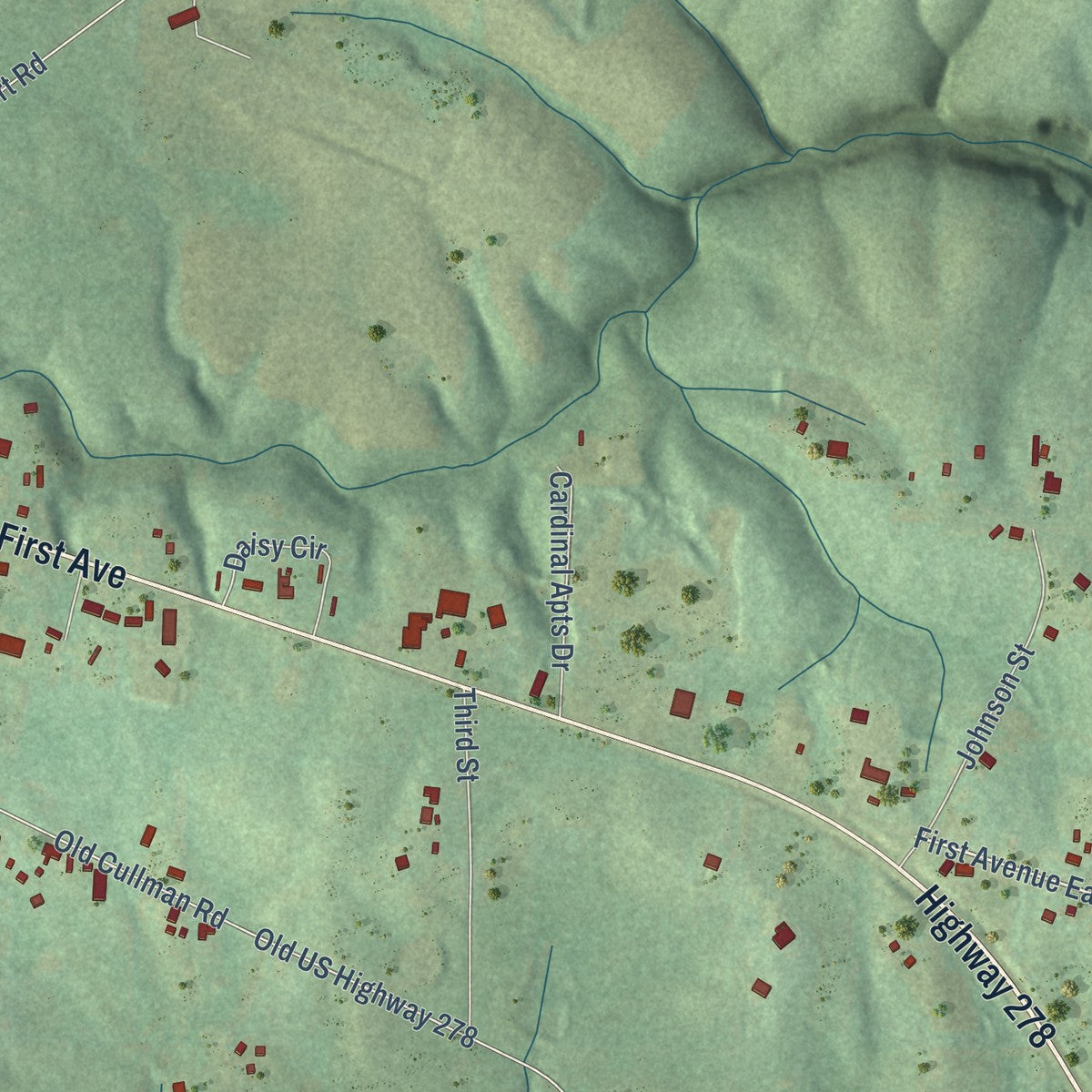 Second close-up of the map of Addison, Alabama print showing more streets and buildings