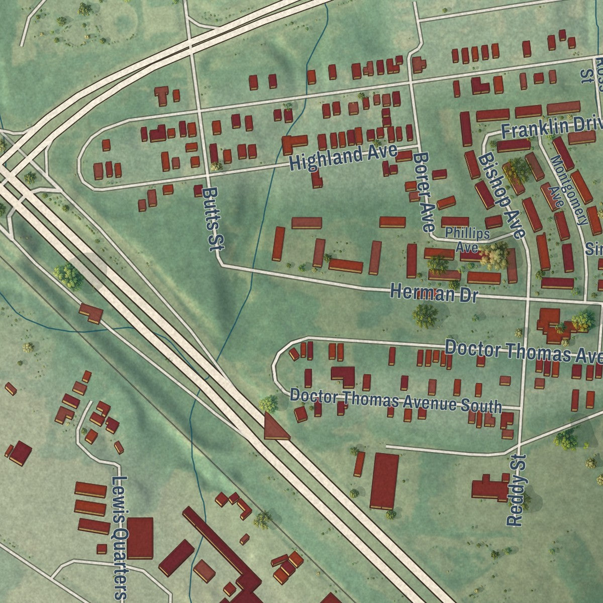 Close-up of the map of Africatown, Alabama print showing street and building detail