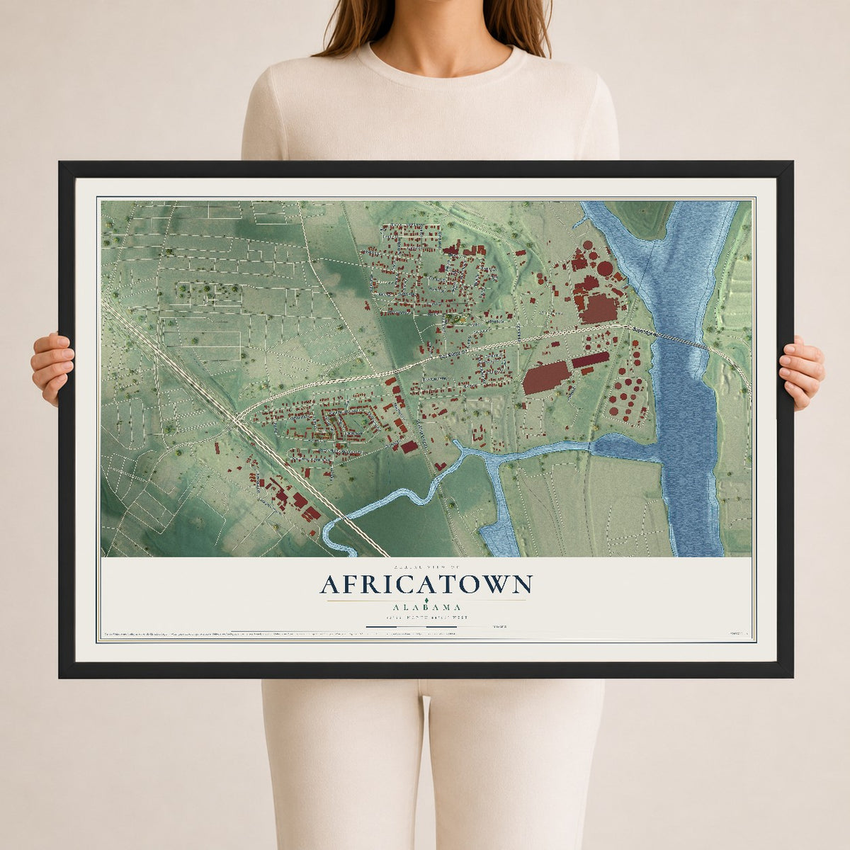 Map of Africatown, Alabama, 24 x 36 inch print in a black wood frame