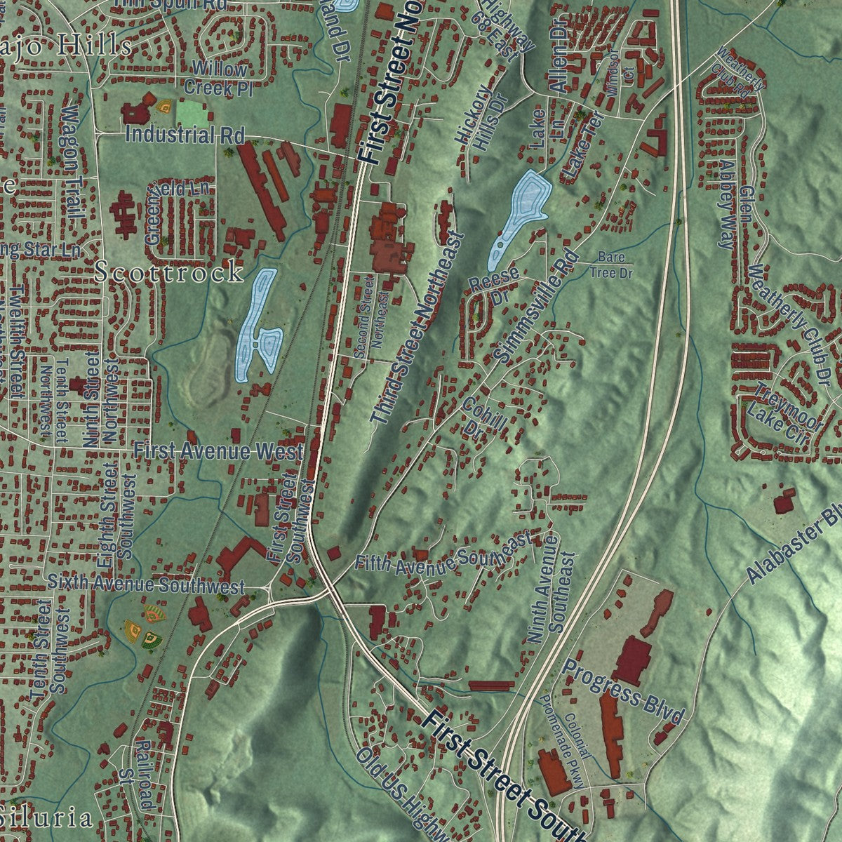 Close-up of the map of Alabaster, Alabama print showing street and building detail