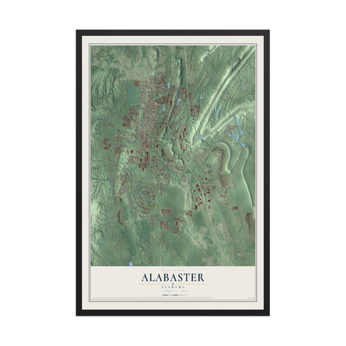 Map of Alabaster, Alabama, 12 x 18 inch print in a black wood frame