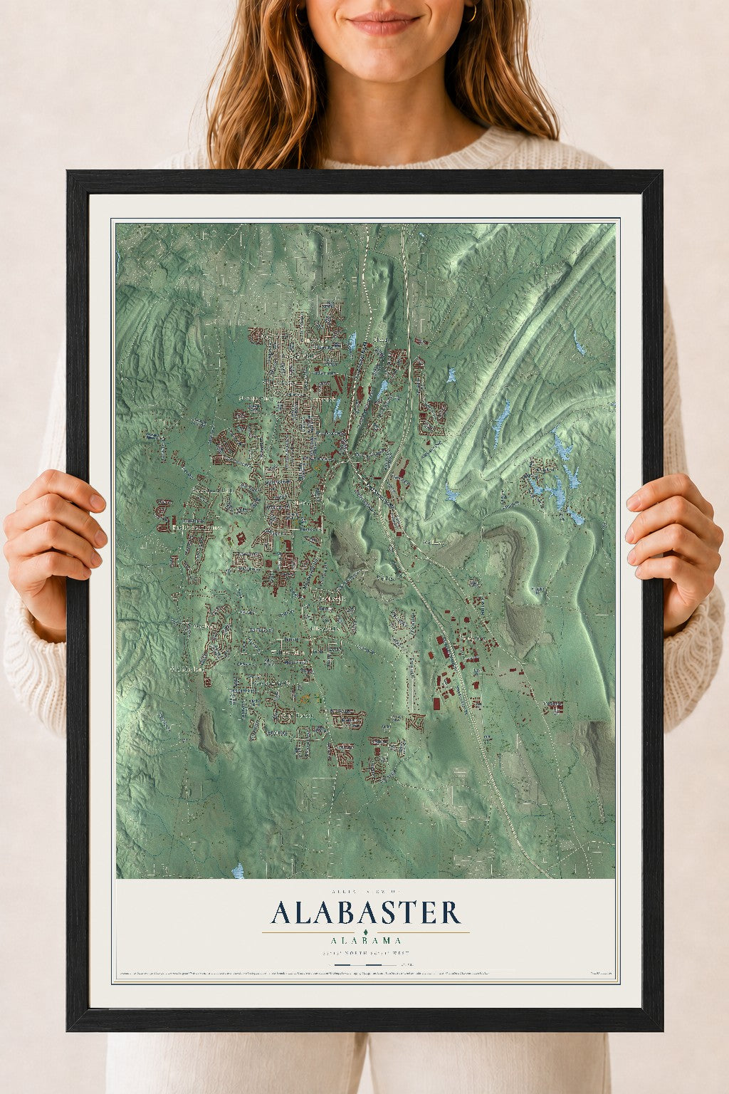Map of Alabaster, Alabama, 18 x 24 inch print in a black wood frame