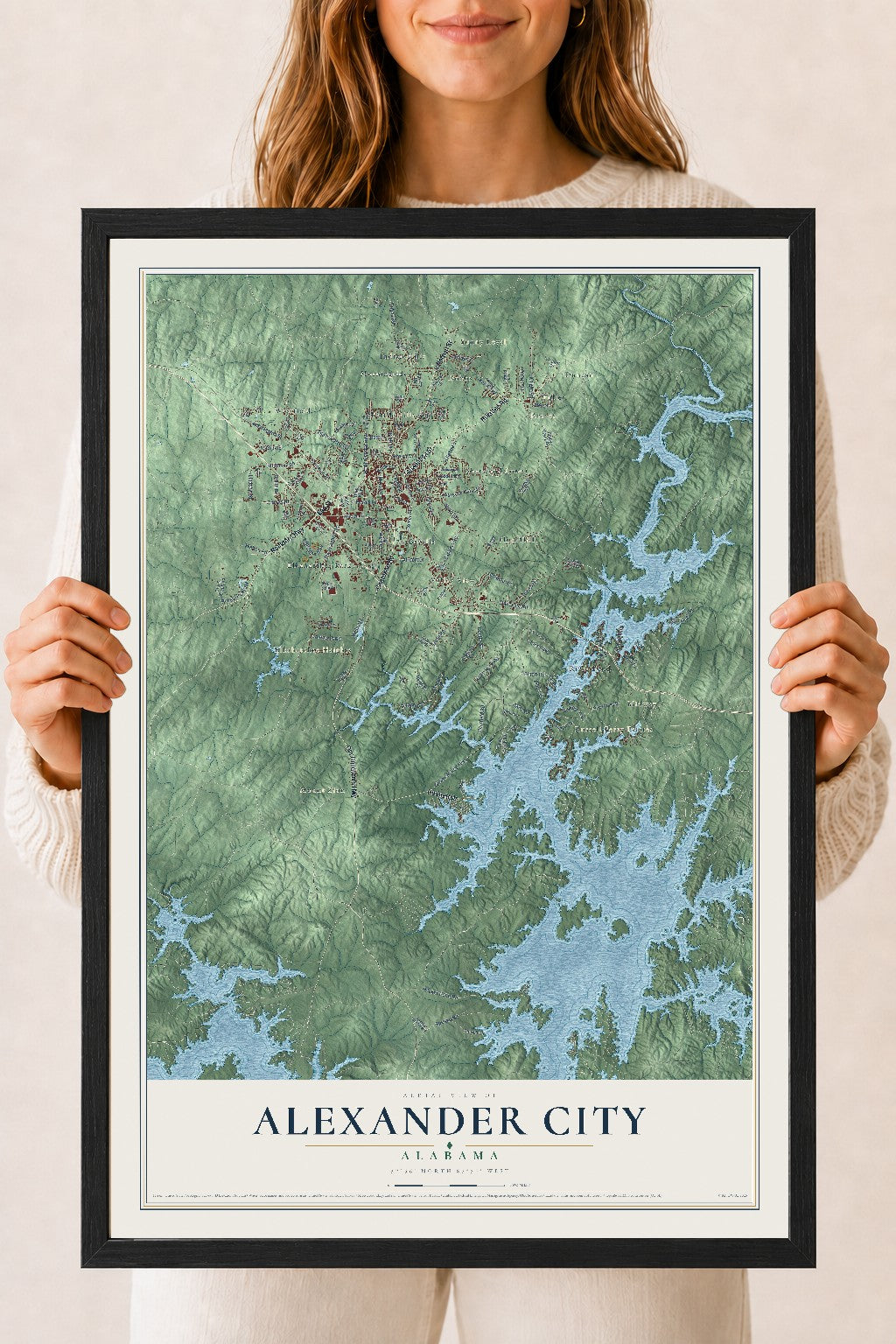 Map of Alexander City, Alabama, 18 x 24 inch print in a black wood frame