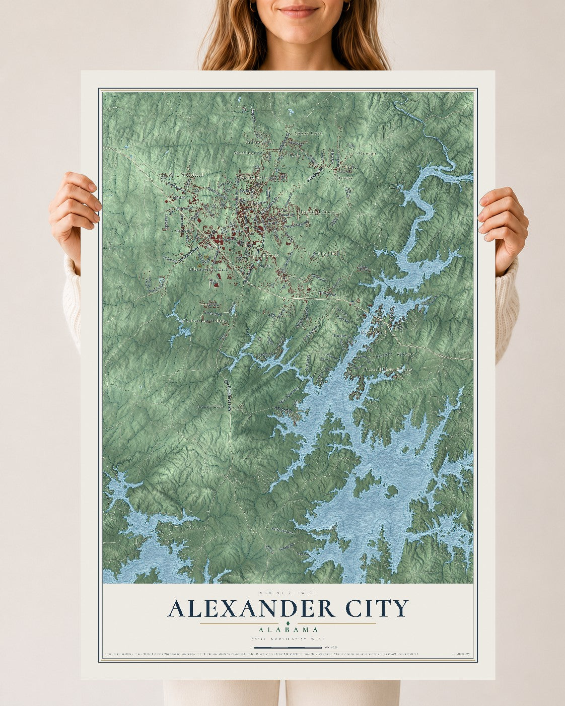 Map of Alexander City, Alabama, 24 x 36 inch unframed archival matte print