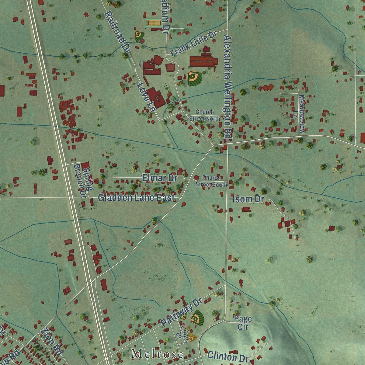 Close-up of the map of Alexandria, Alabama print showing street and building detail