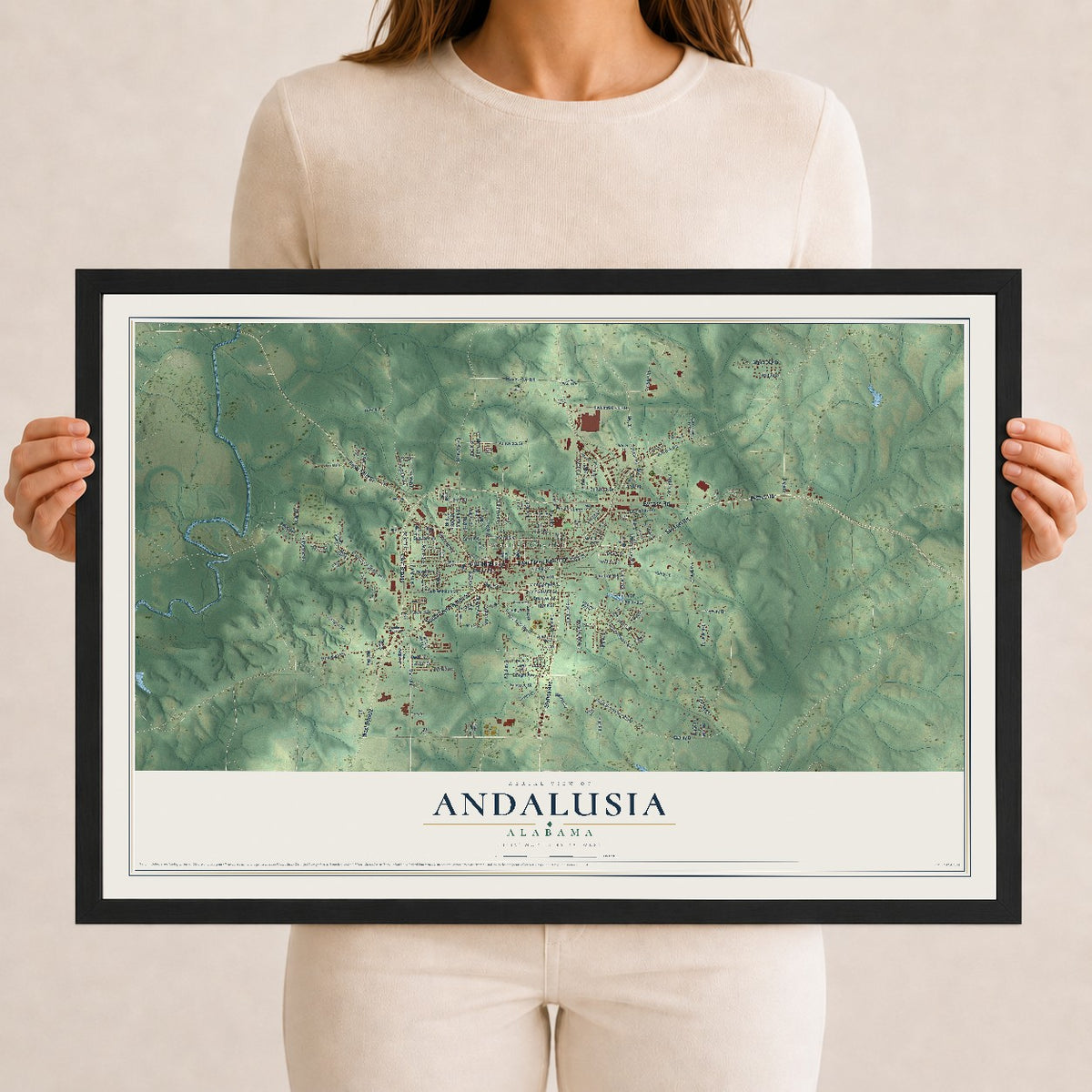 Map of Andalusia, Alabama, 12 x 18 inch print in a black wood frame