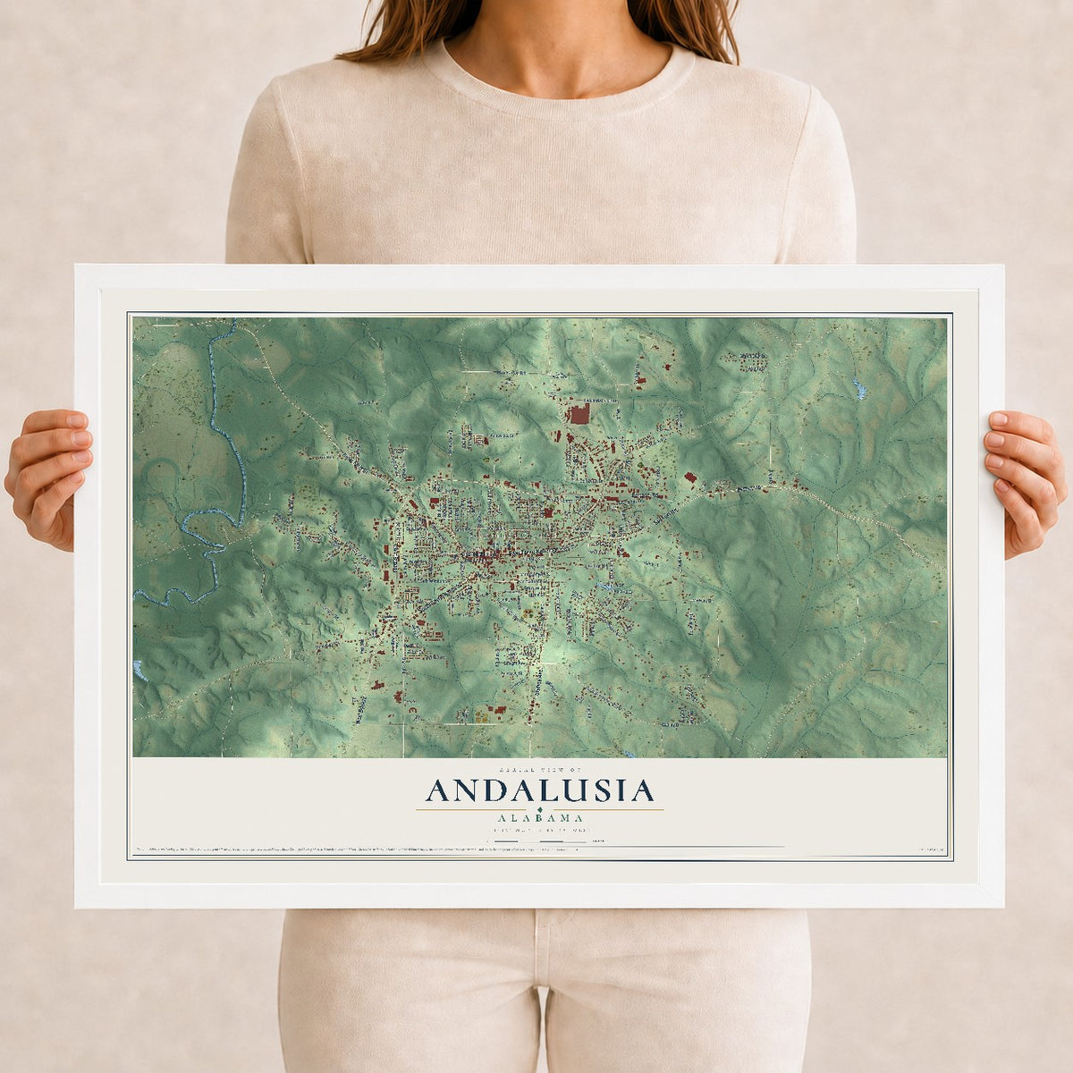 Map of Andalusia, Alabama, 12 x 18 inch print in a white wood frame