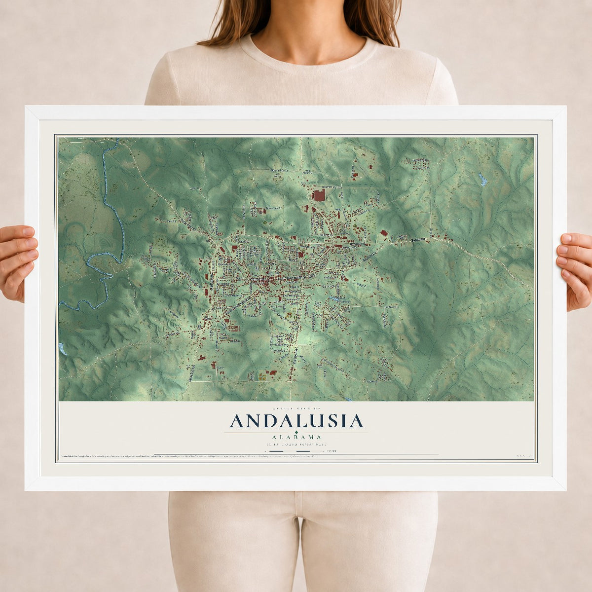 Map of Andalusia, Alabama, 18 x 24 inch print in a white wood frame