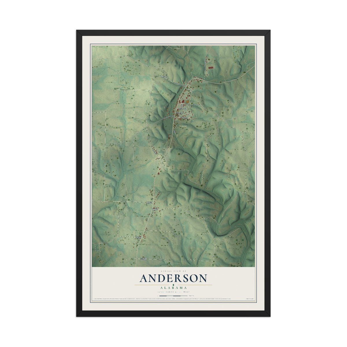 Map of Anderson, Alabama, 12 x 18 inch print in a black wood frame