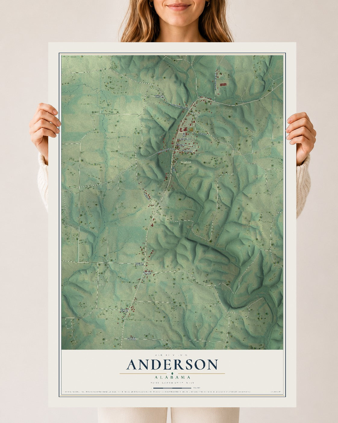 Map of Anderson, Alabama, 24 x 36 inch unframed archival matte print
