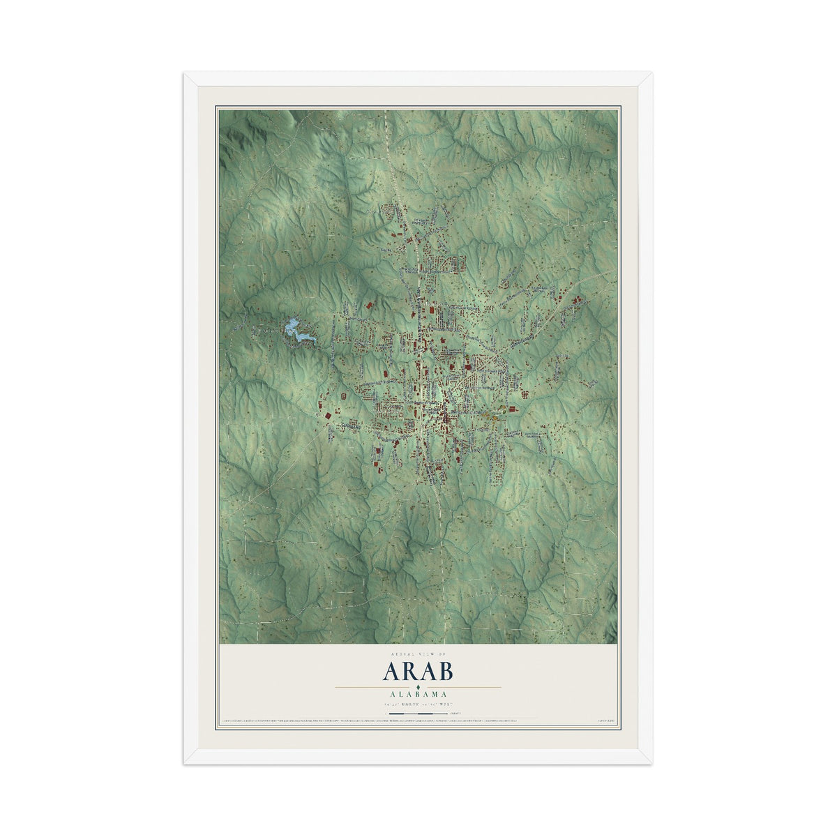 Map of Arab, Alabama, 12 x 18 inch print in a white wood frame