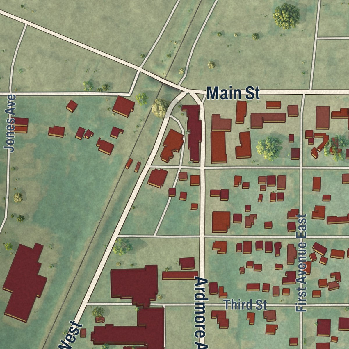 Close-up of the map of Ardmore, Alabama print showing street and building detail