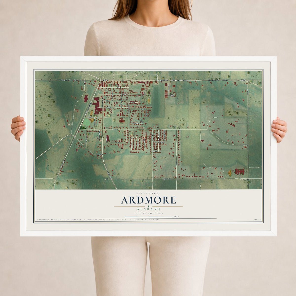 Map of Ardmore, Alabama, 24 x 36 inch print in a white wood frame