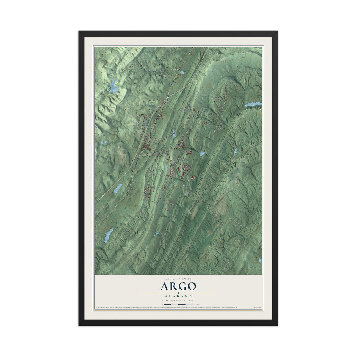 Map of Argo, Alabama, 12 x 18 inch print in a black wood frame