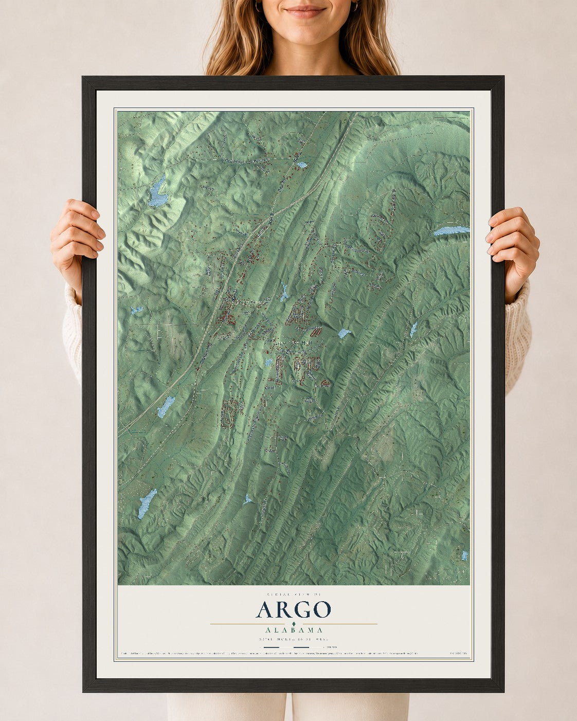 Map of Argo, Alabama, 24 x 36 inch print in a black wood frame