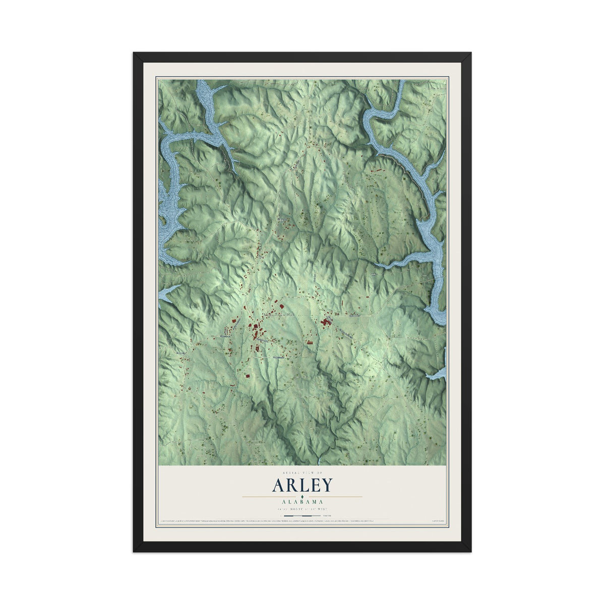 Map of Arley, Alabama, 12 x 18 inch print in a black wood frame
