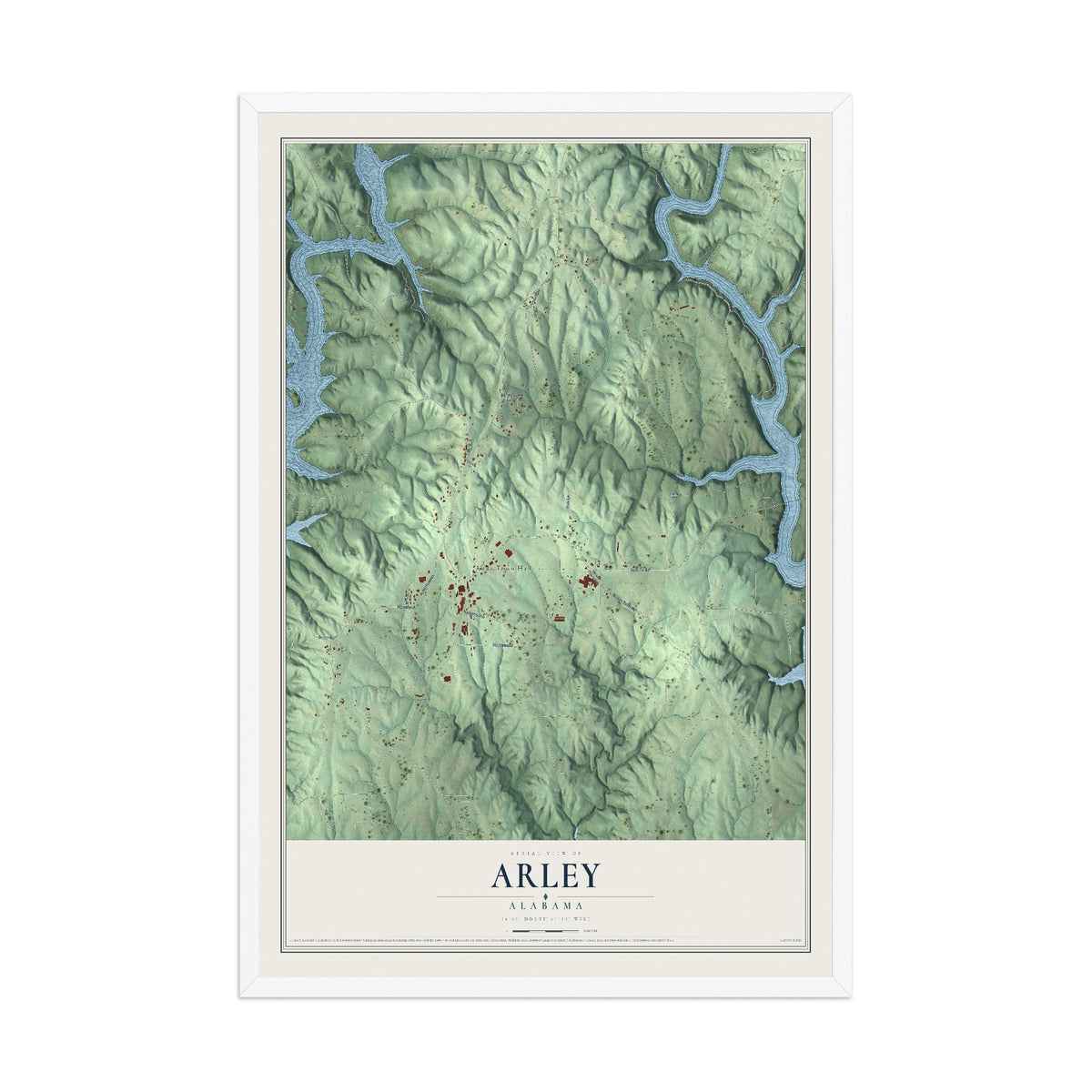 Map of Arley, Alabama, 12 x 18 inch print in a white wood frame