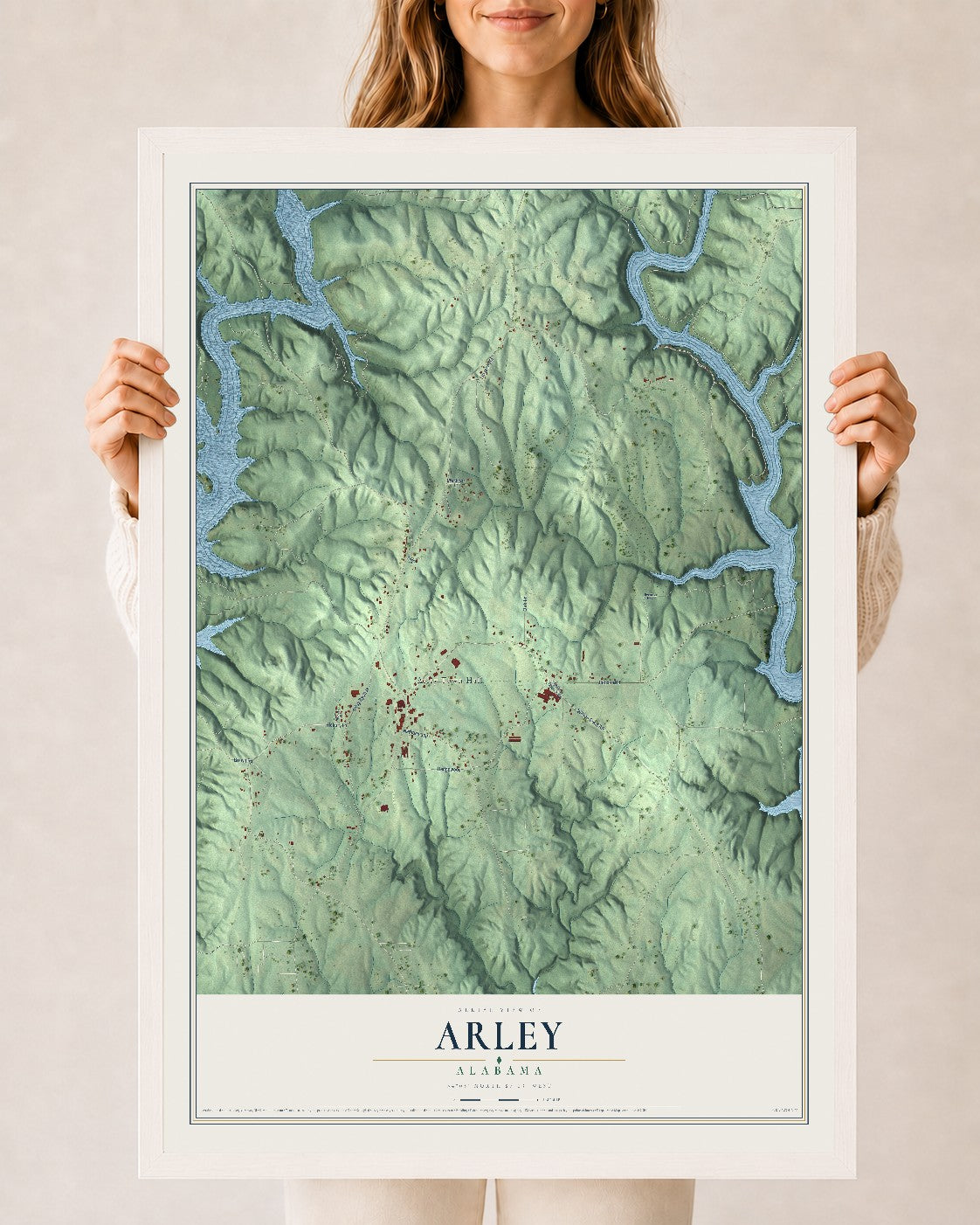Map of Arley, Alabama, 24 x 36 inch print in a white wood frame