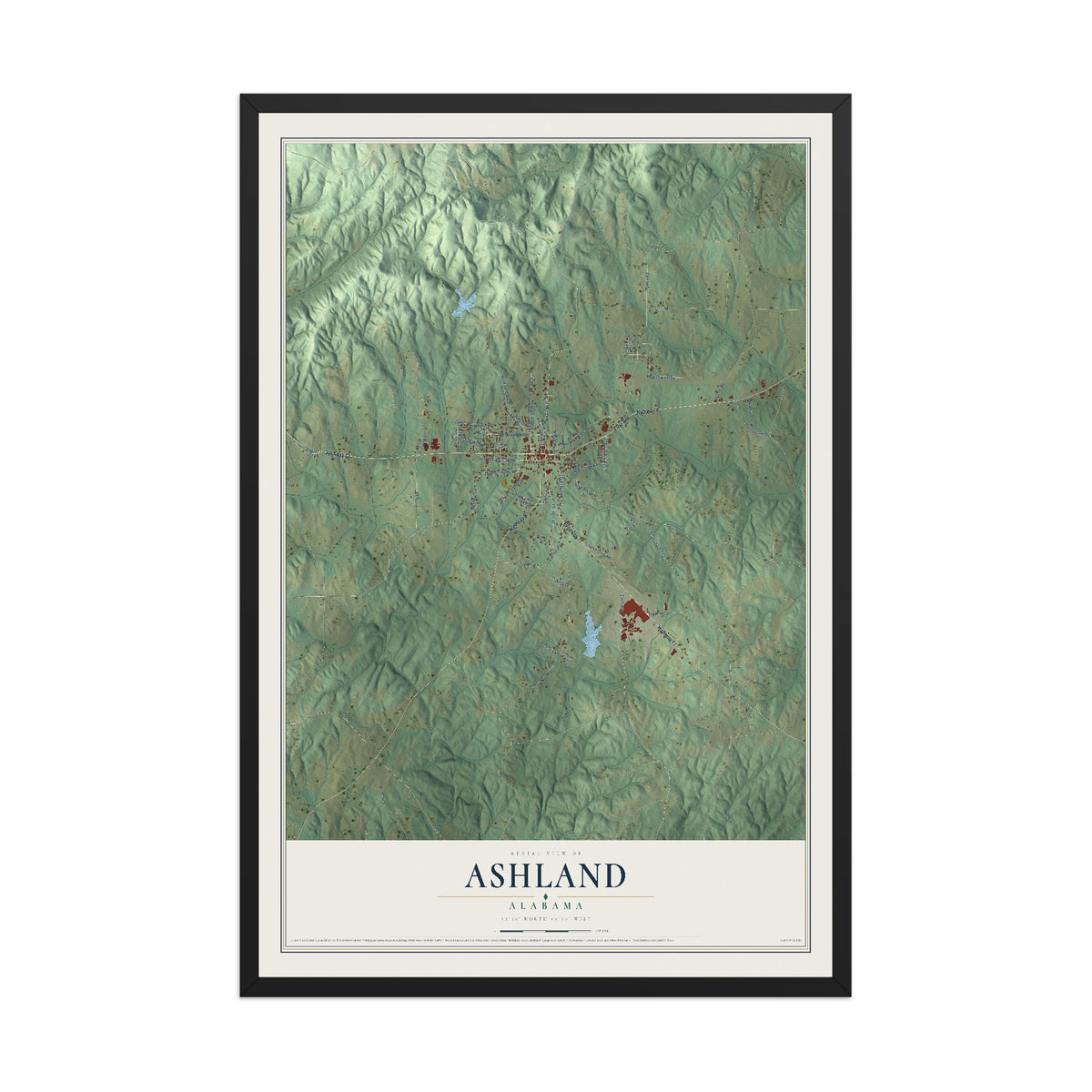 Map of Ashland, Alabama, 12 x 18 inch print in a black wood frame