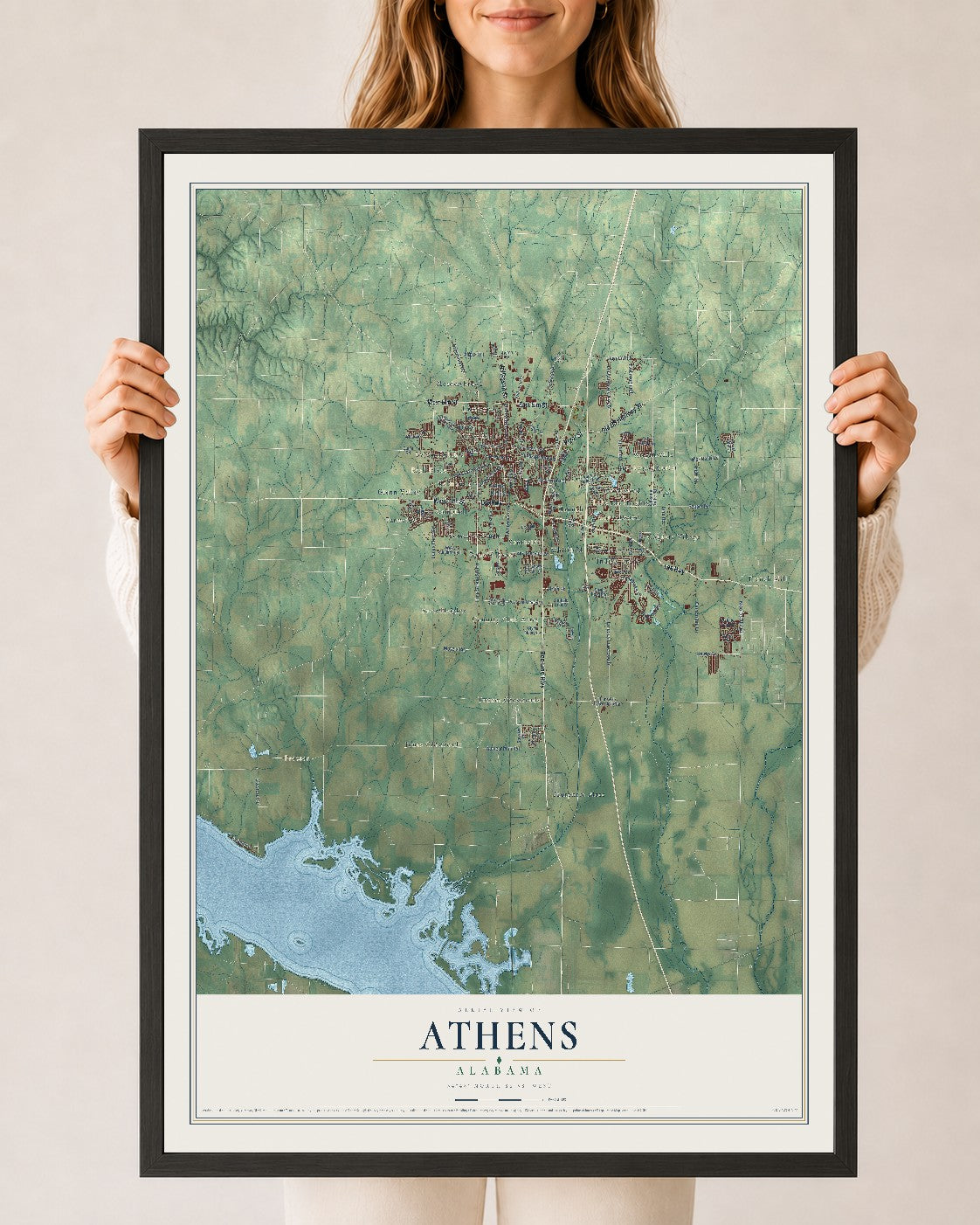 Map of Athens, Alabama, 24 x 36 inch print in a black wood frame
