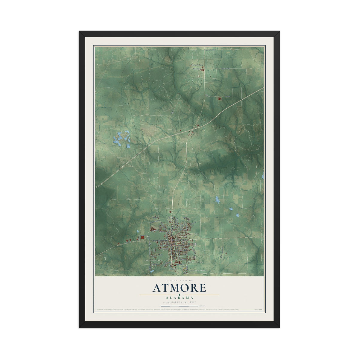 Map of Atmore, Alabama, 12 x 18 inch print in a black wood frame