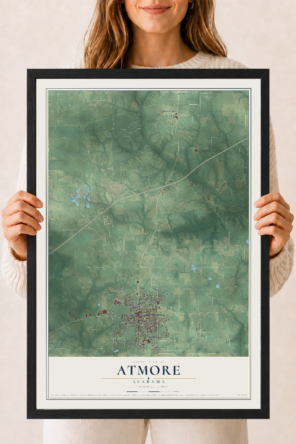 Map of Atmore, Alabama, 18 x 24 inch print in a black wood frame