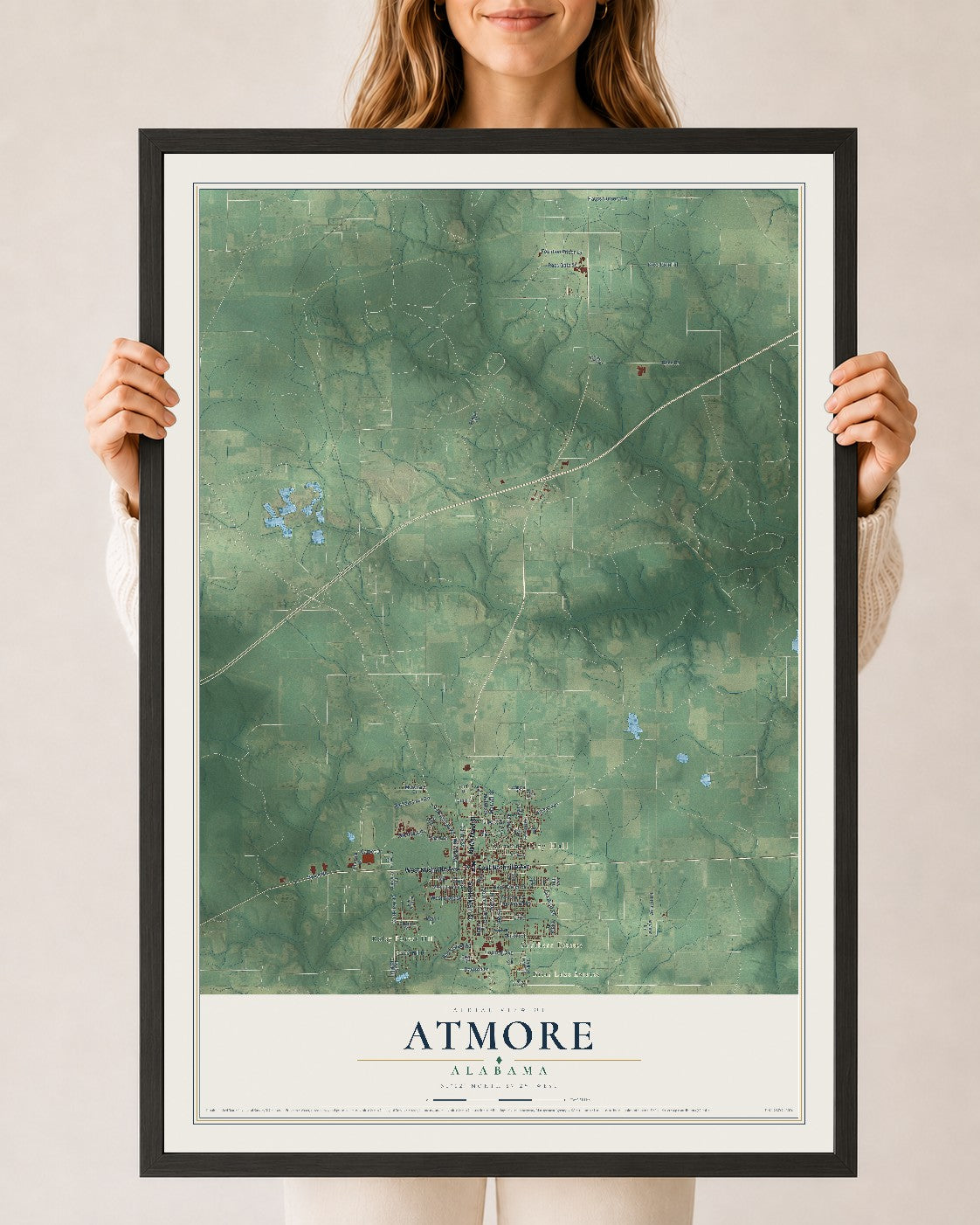 Map of Atmore, Alabama, 24 x 36 inch print in a black wood frame
