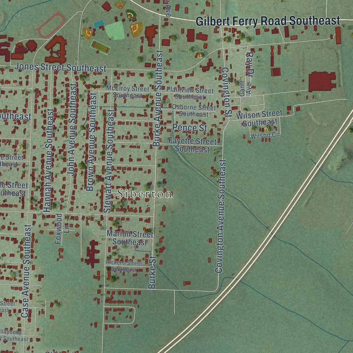 Close-up of the map of Attalla, Alabama print showing street and building detail