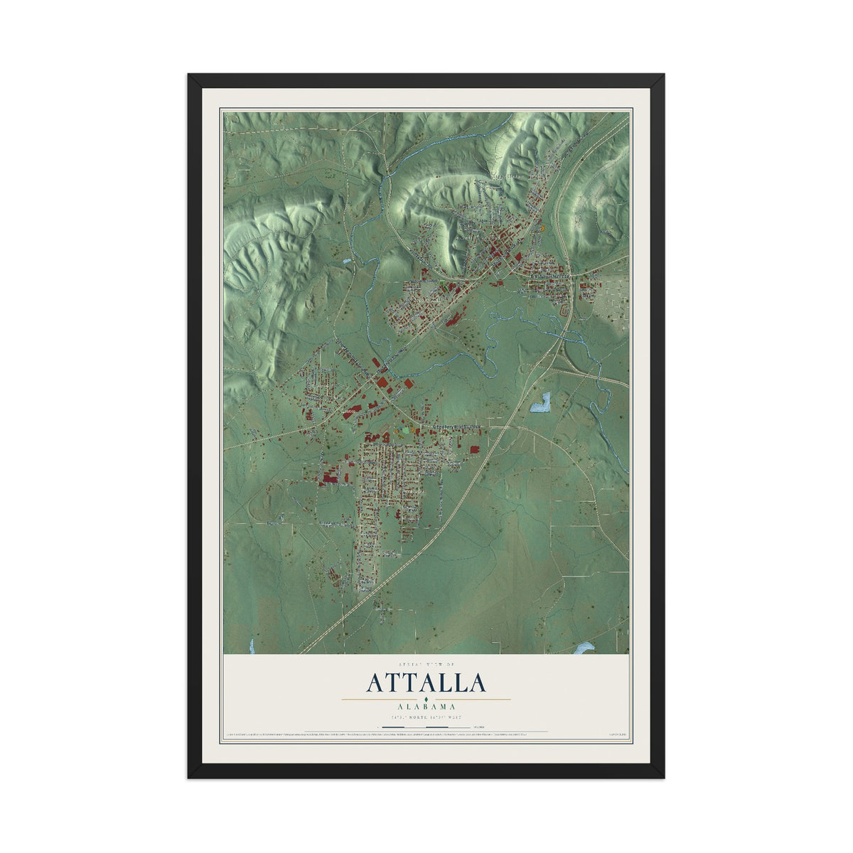 Map of Attalla, Alabama, 12 x 18 inch print in a black wood frame
