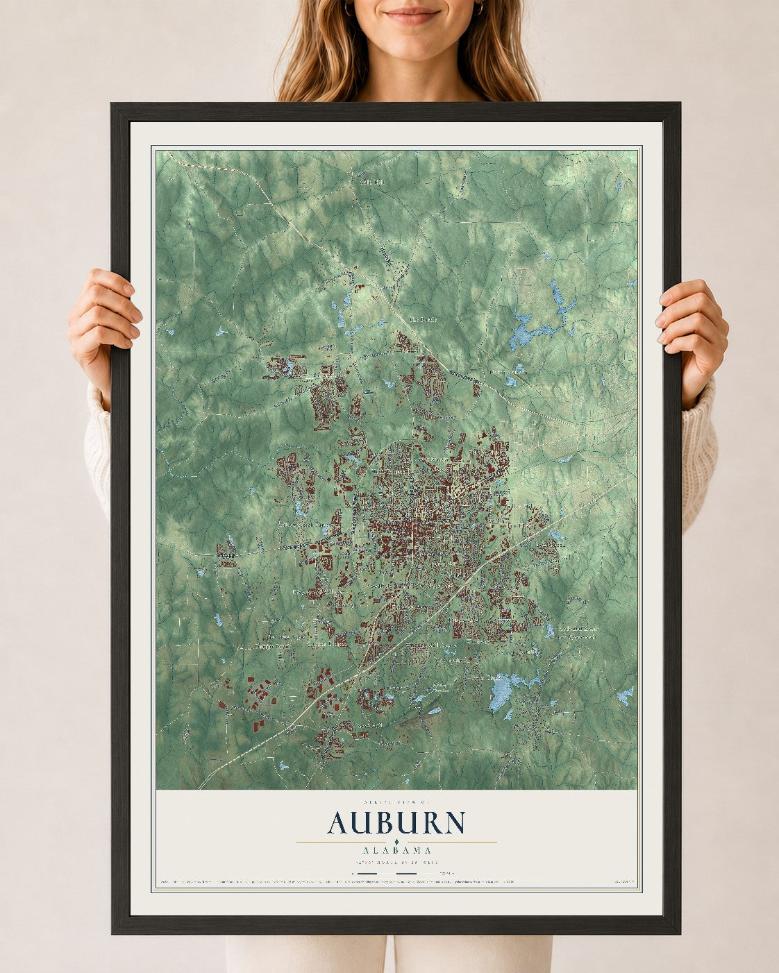 Map of Auburn, Alabama, 24 x 36 inch print in a black wood frame