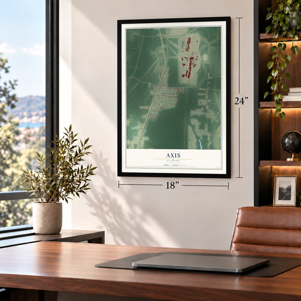 Axis, Alabama map, 18 x 24 inch print in a black frame in a home office
